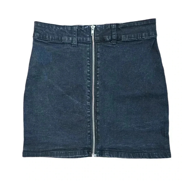 Superdown Zip Front Mini Skirt Black Denim Size Small Distressed Stretch - Picture 1 of 6